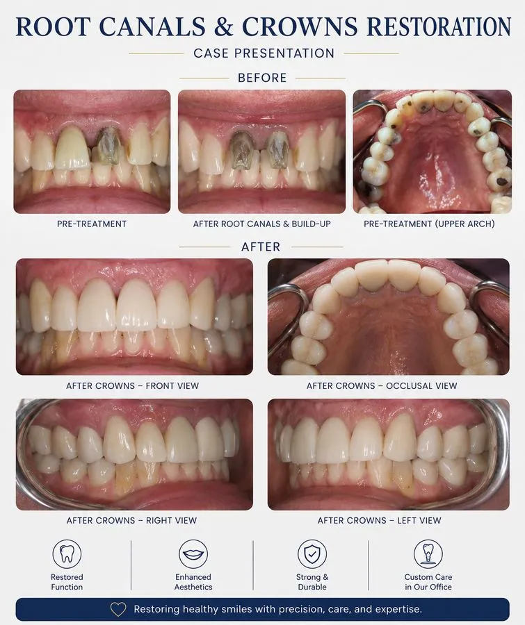 Before and after: Root Canals & Crowns Restoration — SoftDental Houston, real patient case with signed consent