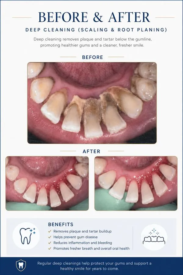 Before and after: Deep Cleaning – Scaling & Root Planing — SoftDental Houston, real patient case with signed consent