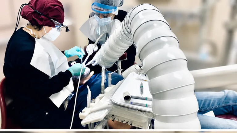 Dr. Minh Nguyen and an assistant working together at a SoftDental dental unit, viewed from above