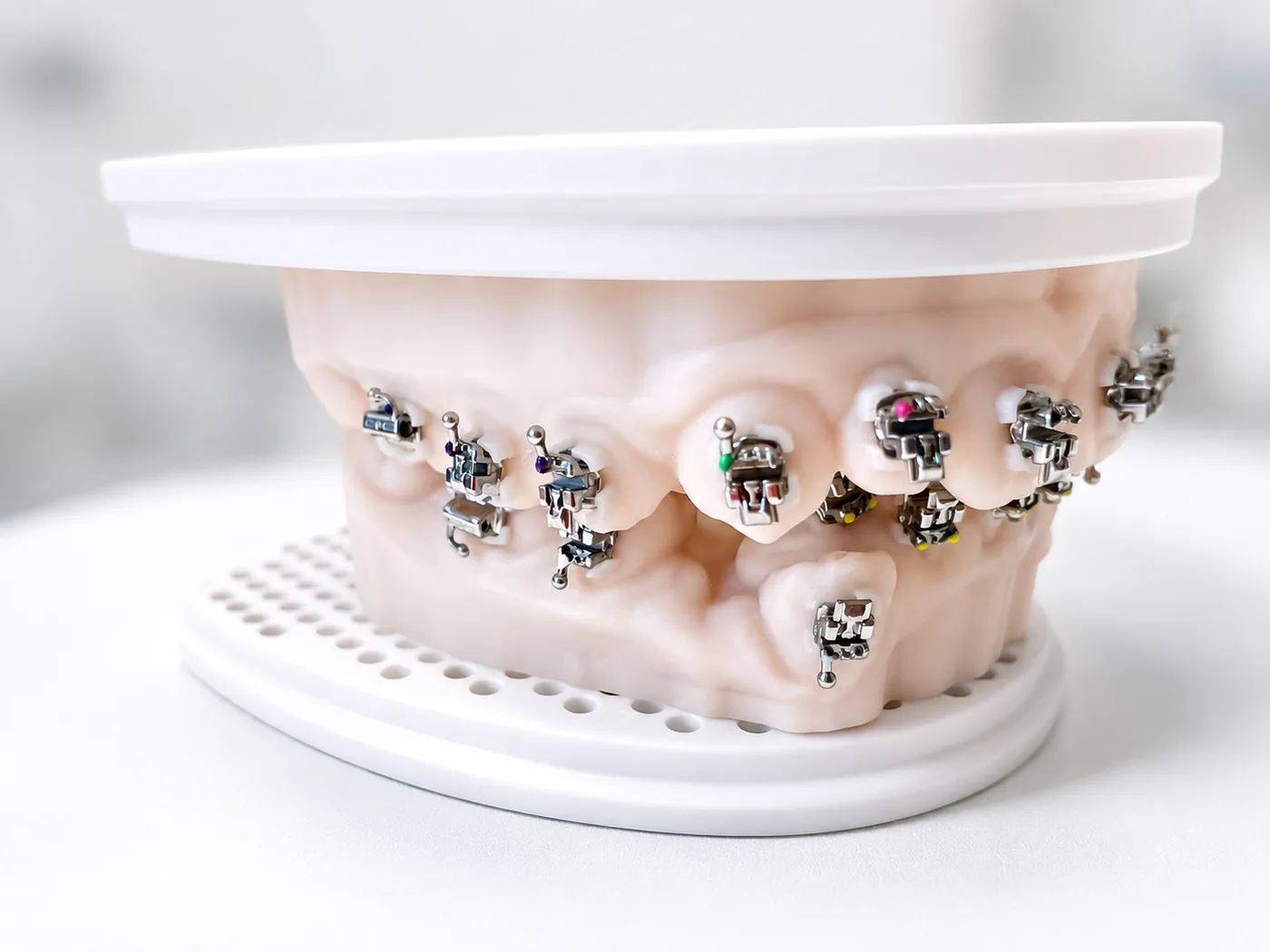 A SoftDental 3D-printed orthodontic study model with full bracket placement and colored elastic ties, sitting on the Formlabs build platform